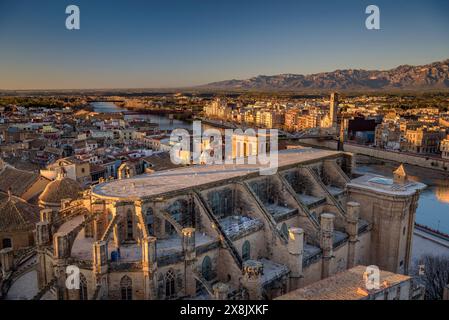 Tortosa all'alba, vista dal castello di Suda. In primo piano la cattedrale e il fiume Ebro. Sullo sfondo, i porti (Tarragona, Spagna) Foto Stock