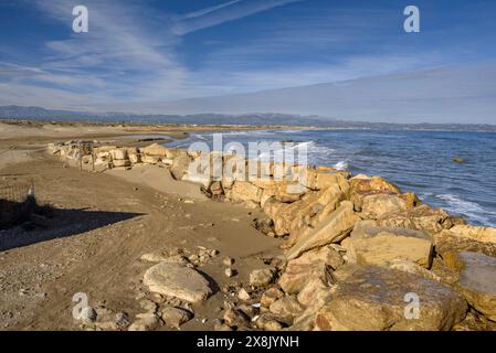 Muro di protezione che circonda il ristorante Vascos, nel Delta dell'Ebro (Tarragona, Catalogna, Spagna) ESP: Muro de Protección en el restaurante Vascos Foto Stock