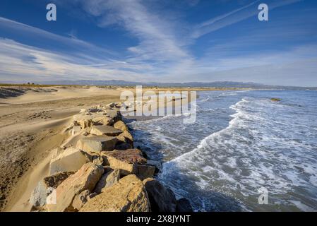 Muro di protezione che circonda il ristorante Vascos, nel Delta dell'Ebro (Tarragona, Catalogna, Spagna) ESP: Muro de Protección en el restaurante Vascos Foto Stock