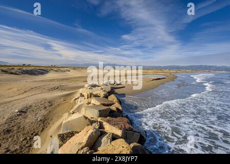 Muro di protezione che circonda il ristorante Vascos, nel Delta dell'Ebro (Tarragona, Catalogna, Spagna) ESP: Muro de Protección en el restaurante Vascos Foto Stock