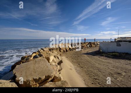 Muro di protezione che circonda il ristorante Vascos, nel Delta dell'Ebro (Tarragona, Catalogna, Spagna) ESP: Muro de Protección en el restaurante Vascos Foto Stock