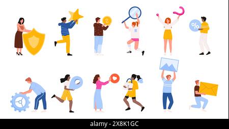 Persone che camminano e stanno in piedi con icone dei servizi Internet e feedback dei clienti impostati. Personaggi con scudo di sicurezza e denaro, lente d'ingrandimento e messaggi e-mail, come le illustrazioni vettoriali dei cartoni animati Illustrazione Vettoriale