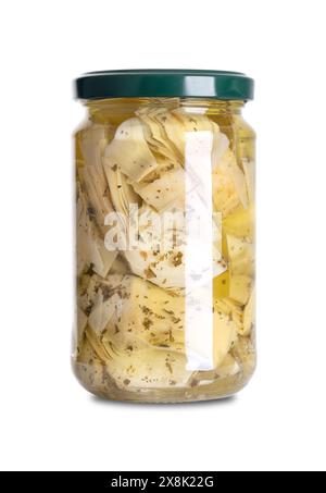 Carciofi marinati con erbe aromatiche in olio di girasole, antipasto in un vaso di vetro con tappo a vite. Può essere servito con antipasti, condito con un'insalata, ecc. Foto Stock