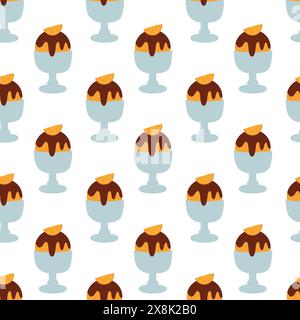 Motivo senza cuciture. Gelato in tazza di vetro con cioccolato e arancia. In estate, dolci di sottofondo. Illustrazione piatta vettoriale. Illustrazione Vettoriale