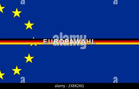 Elezioni europee in Germania, illustrazione grafica con testo in tedesco, bandiera tedesca e simboli dell'Unione europea. zona euro, elezioni politiche, cand Foto Stock