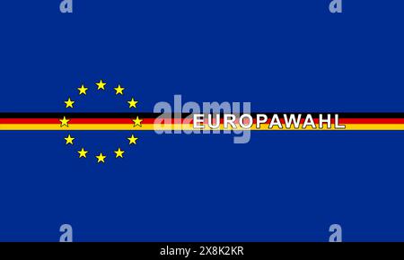 Elezioni europee in Germania, illustrazione grafica con testo in tedesco, bandiera tedesca e simboli dell'Unione europea. zona euro, elezioni politiche, cand Foto Stock