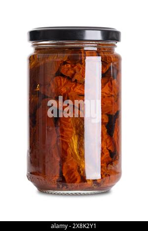 Pomodori secchi in olio di girasole, antipasto in vaso di vetro con tappo a vite. Pomodori interi, essiccati all'aria sotto il sole italiano, marinati e conservati. Foto Stock