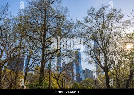 Vista panoramica da Central Park, incorniciata da rami di alberi primaverili, vista strepitosa dei grattacieli torreggianti di Manhattan. New York. STATI UNITI. Foto Stock