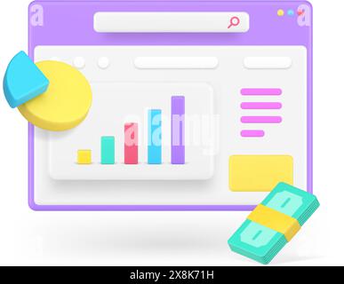 Profitto finanziario guadagna denaro strategia di successo analisi del flusso di lavoro del browser icona 3d illustrazione vettoriale realistica. Guadagni da investimenti bancari noi Illustrazione Vettoriale