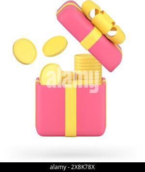 Confezione regalo finanziaria aperta sorpresa regalo piena di monete d'oro icona 3d realistica illustrazione vettoriale. Pacchetto premio bancario per vincere una lotteria Illustrazione Vettoriale