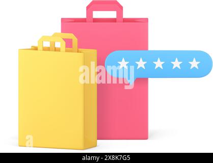 Migliore valutazione degli acquisti recensione del cliente raccomandazione di valutazione icona 3d illustrazione vettoriale realistica. Sacchetti di carta per negozi a cinque stelle eccellenti Illustrazione Vettoriale