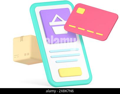 Shopping online applicazione per smartphone marketplace pagamento con carta di consegna icona 3d illustrazione vettoriale realistica. Negozio digitale, supermercato mobile Illustrazione Vettoriale
