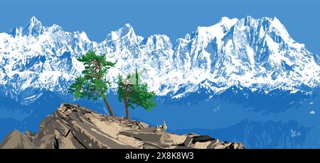 Due pini e montagne dell'Himalaya, catena montuosa dell'Himalaya Illustrazione Vettoriale