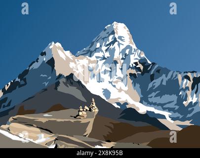 Illustrazione del Monte ama Dablam e della piramide di pietra, montagne dell'Himalaya, valle di Khumbu, area dell'Everest, Nepal Illustrazione Vettoriale