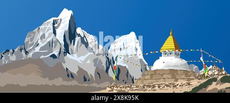 Stupa buddista con bandiere di preghiera e montagne Cholatse e Tabuche, la strada per il campo base del Monte Everest, le montagne dell'Himalaya del Nepal illustrano i vettori Illustrazione Vettoriale