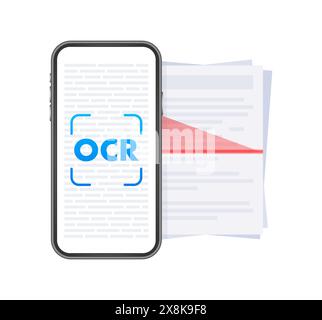 OCR - riconoscimento ottico dei caratteri. Scansione documento. Processo di riconoscimento del documento. Illustrazione vettoriale Illustrazione Vettoriale