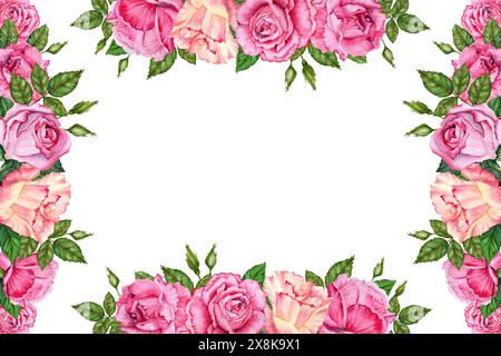 Composizione cartolina rosa rose. I fiori con foglie copiano la cornice dello spazio. Illustrazione ad acquerello disegnata a mano isolata su sfondo bianco. Valenti floreale Foto Stock