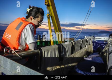 (240526) -- SANYA, 26 maggio 2024 (Xinhua) -- Un volontario controlla le condizioni della balena pilota a pinna corta "Haitang" su una nave di ricerca scientifica, 25 maggio 2024. Il 3 gennaio di quest'anno, un pilota di balena a pinna corta maschio ferito è stato trovato bloccato nella baia di Haitang di Sanya. È stato inviato al Sanya Haichang Animal Conservation Center per il trattamento ed è stato chiamato "Haitang". Grazie alla meticolosa cura fornita da allevatori professionisti e volontari, "Haitang" si riprende bene ed è determinato a essere rimesso in mare dopo un esame approfondito e una valutazione da parte di esperti. (Xin Foto Stock