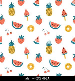 Un motivo colorato senza cuciture con frutta estiva. Elementi semplici del fumetto vettoriale su sfondo bianco. La scena è allegra e giocosa. Illustrazione Vettoriale