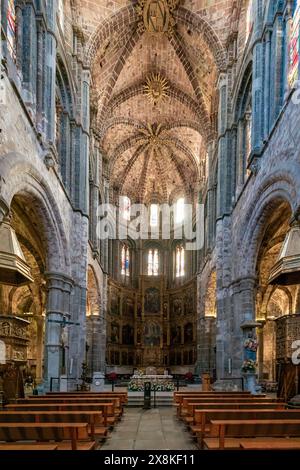 Avila, Spagna - 8 aprile 2024: Vista verticale della navata centrale e dell'altare della Cattedrale di Avila Foto Stock