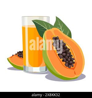 Bicchiere completo di arancia spremuta fresca e sana di papaya isolata su sfondo bianco. Illustrazione vettoriale in stile piatto con bevanda tropicale. Su Illustrazione Vettoriale