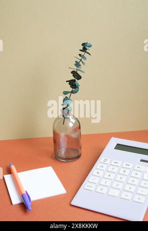 Blocco note per lo spazio di lavoro, penna, calcolatrice, vaso di pianta sulla scrivania rossa. sfondo kaki beige Foto Stock
