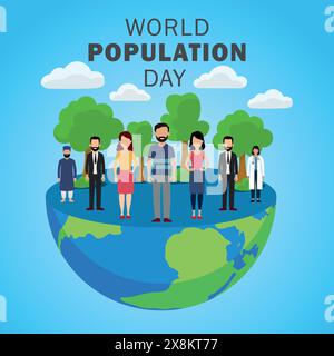 Illustrazione vettoriale piatta della giornata mondiale della popolazione con mappa del mondo, terra e gruppo di persone variegate e colorate Illustrazione Vettoriale