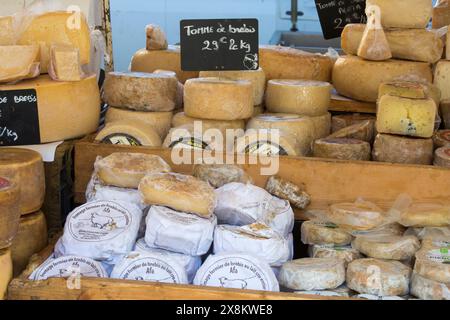 Ajaccio, Corse-du-Sud, Corsica, Francia. Selezione di formaggi ovini in vendita al tradizionale mercato agricolo all'aperto in Place Foch. Foto Stock