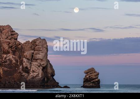 Morro Rock all'alba, Morro Bay, California. Luna piena nel cielo colorato con strisce di nuvole. Roccia più piccola ricoperta di uccelli marini. Foto Stock