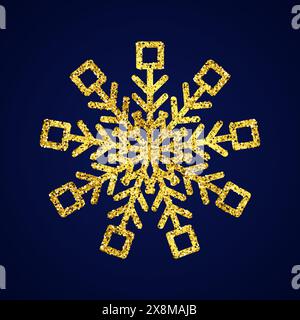 Fiocco di neve glitter oro su sfondo blu scuro. Elementi decorativi per Natale e Capodanno. Illustrazione vettoriale. Illustrazione Vettoriale