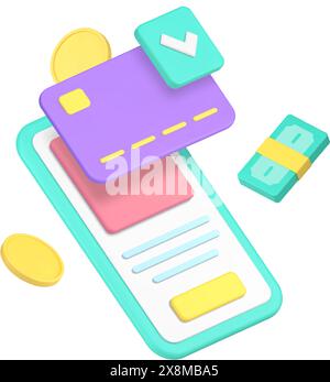 Online banking portafoglio digitale applicazione per smartphone finanziario icona 3d illustrazione vettoriale realistica. Transazione di moneta elettronica banca di telefonia mobile A. Illustrazione Vettoriale