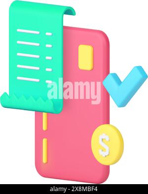 Carta di debito digitale approvata con ricevuta di acquisto icona 3d realistica illustrazione vettoriale. Servizio bancario di moneta elettronica Illustrazione Vettoriale