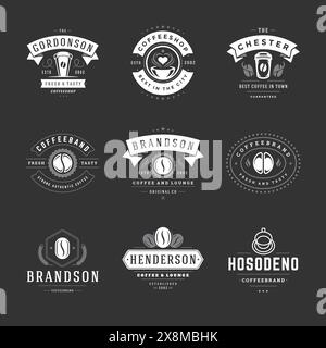 I modelli di design dei loghi del bar impostano l'illustrazione vettoriale per il design del badge del caffè e la decorazione del menu. Emblemi e simboli tipografici retrò. Illustrazione Vettoriale
