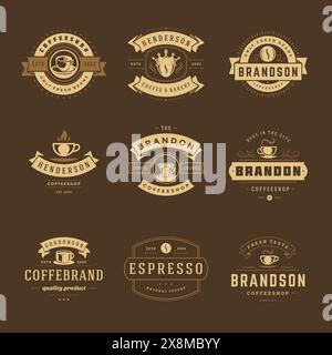 I modelli di design dei loghi del bar impostano l'illustrazione vettoriale per il design del badge del caffè e la decorazione del menu. Emblemi e simboli tipografici retrò. Illustrazione Vettoriale