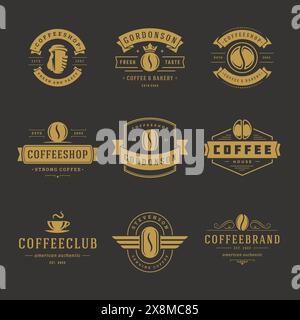I modelli di design dei loghi del bar impostano l'illustrazione vettoriale per il design del badge del caffè e la decorazione del menu. Emblemi e simboli tipografici retrò. Illustrazione Vettoriale
