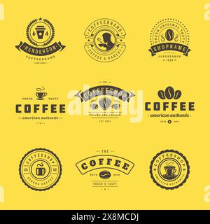 I modelli di design dei loghi del bar impostano l'illustrazione vettoriale per il design del badge del caffè e la decorazione del menu. Emblemi e simboli tipografici retrò. Illustrazione Vettoriale