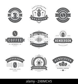 I modelli di design dei loghi del bar impostano l'illustrazione vettoriale per il design del badge del caffè e la decorazione del menu. Emblemi e simboli tipografici retrò. Illustrazione Vettoriale