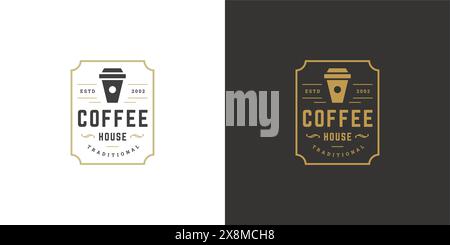 Immagine vettoriale del modello del logo del negozio Coffee To Go con silhouette della tazza ideale per il design del badge del caffè e la decorazione del menu. Emblema tipografico retrò. Illustrazione Vettoriale