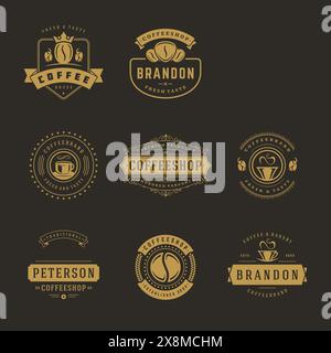 I modelli di design dei loghi del bar impostano l'illustrazione vettoriale per il design del badge del caffè e la decorazione del menu. Emblemi e simboli tipografici retrò. Illustrazione Vettoriale
