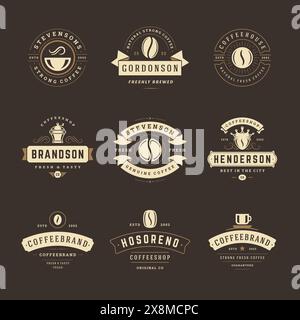 I modelli di design dei loghi del bar impostano l'illustrazione vettoriale per il design del badge del caffè e la decorazione del menu. Emblemi e simboli tipografici retrò. Illustrazione Vettoriale