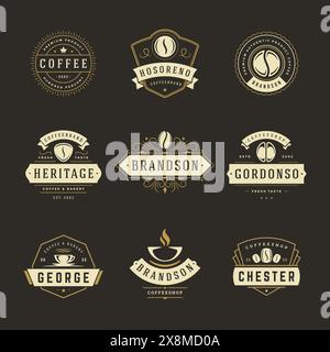 I modelli di design dei loghi del bar impostano l'illustrazione vettoriale per il design del badge del caffè e la decorazione del menu. Emblemi e simboli tipografici retrò. Illustrazione Vettoriale