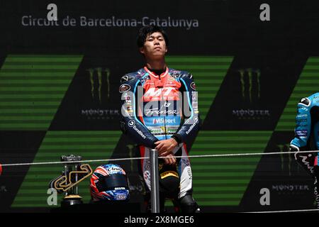 Barcellona, ESP. 26 maggio 2024. Barcellona, Spagna. Circuit de Barcelona Catalunya. Maggio 26 2024 giornata della corsa. Moto 2 ai Ogura (79) di MT Helmets - MSI prima posizione sul podio durante la MotoGP Gran premi Monster Energy de Catalunya. MotoGP 24-25-26 maggio 2024, al Circuit de Barcelona-Catalunya di Barcellona, Spagna. Crediti: Rosdemora/Alamy Live News Foto Stock