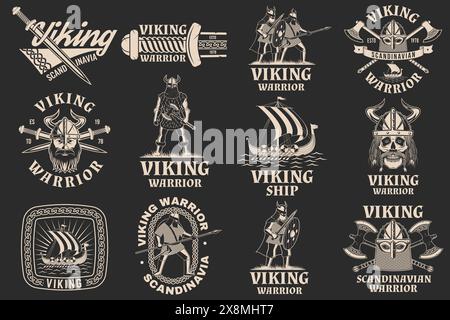 Logo Vikings Warrior, distintivo, adesivo. Illustrazione vettoriale. Per emblemi, etichette e patch. Casco vichingo monocromatico con spada da battaglia e lancia Illustrazione Vettoriale