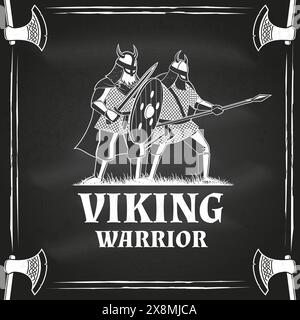 Logo Vikings Warrior, distintivo, adesivo sulla lavagna. Illustrazione vettoriale. Per emblemi, etichette e patch. Casco vikings monocromatico con Illustrazione Vettoriale