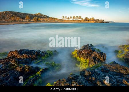 Vista al tramonto della spiaggia di Percheles nel Parco regionale di Cabo Cope e Puntas de Calnegre, fotografata con una lunga esposizione e con le tipiche palme Foto Stock