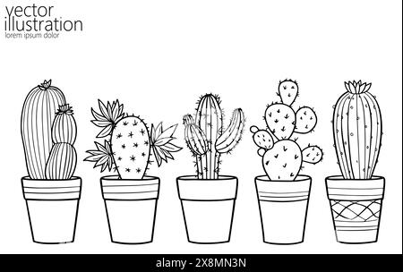 Set di piante succulente di cactus. Piante per la casa una linea di inchiostro disegna fiori in una pianta domestica decorativa in vaso. Illustrazione del vettore del contorno del contorno Illustrazione Vettoriale
