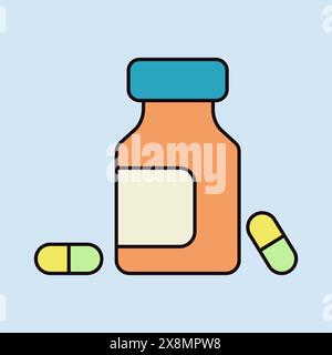 Flacone di medicina e pillole Vector flat icona. Medicamento. Medicina e segno di sostegno medico. Simbolo grafico per sito web medico e design app, logo, ap Illustrazione Vettoriale