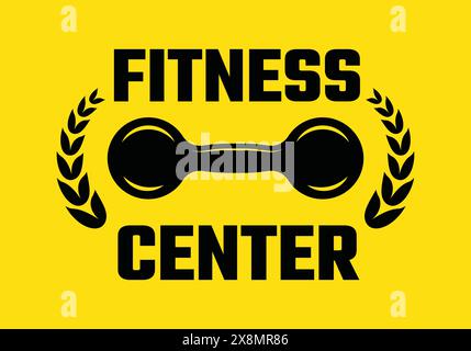 Logo fitness per palestra con materiale sportivo in bianco e nero, illustrazione vettoriale Illustrazione Vettoriale