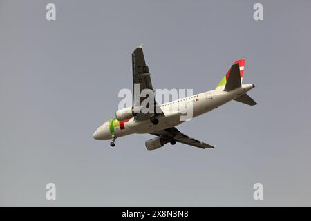 Porto, Portogallo - 22 marzo 2024: Airbus 319-111 CS-TTN TAP atterra presso OPO, Aeroporto Francisco Sá Carneiro, Porto Foto Stock