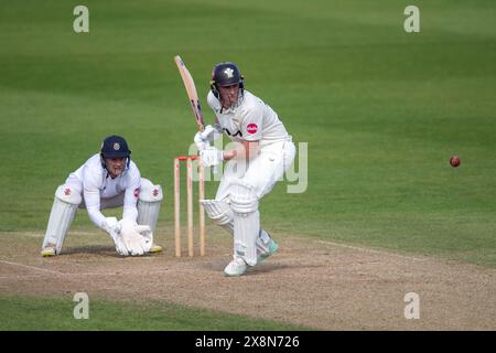 Southampton, Regno Unito. 26 maggio 2024. Dan Lawrence del Surrey batté durante il Vitality County Championship Division One match tra Hampshire e Surrey all'Utilita Bowl. Crediti: Dave Vokes/Alamy Live News Foto Stock